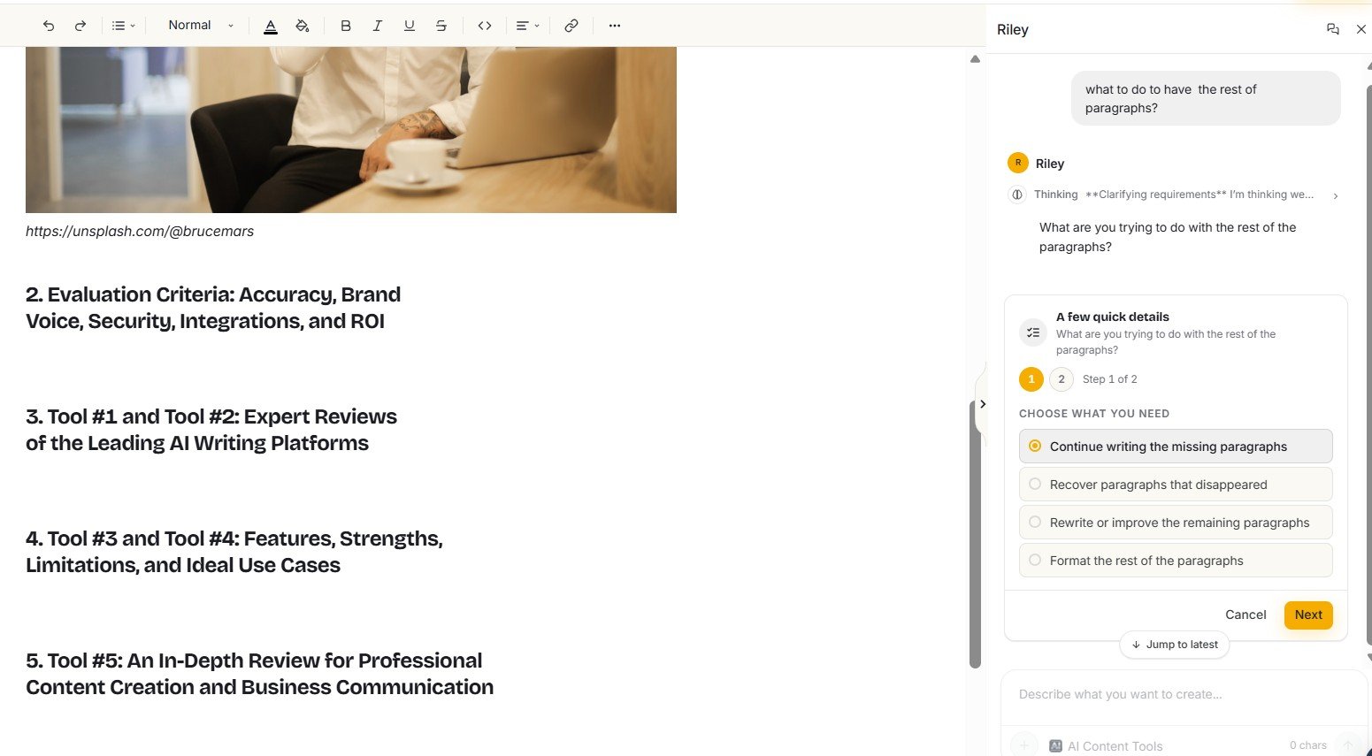 Simplified Riley recognizing missing paragraphs in an incomplete Instant Blog article