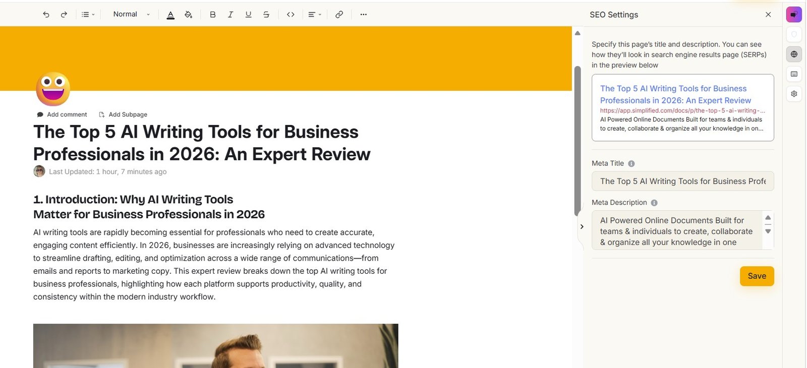 Simplified Docs SEO Settings with meta title, meta description and search result preview