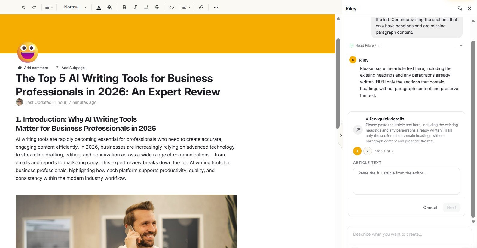 Simplified Riley asking the user to paste the full article before filling missing sections