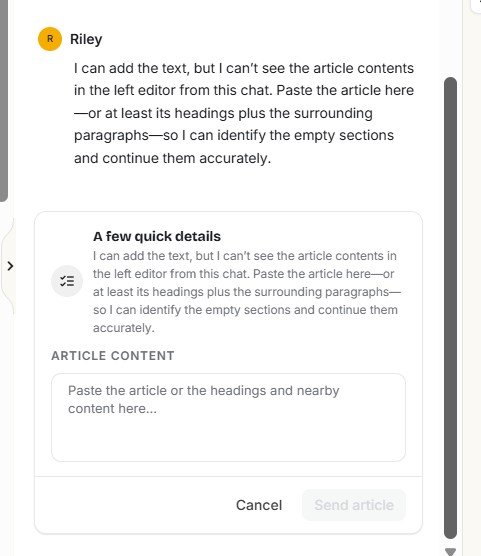 Simplified Riley stating that it cannot see the article content in the editor