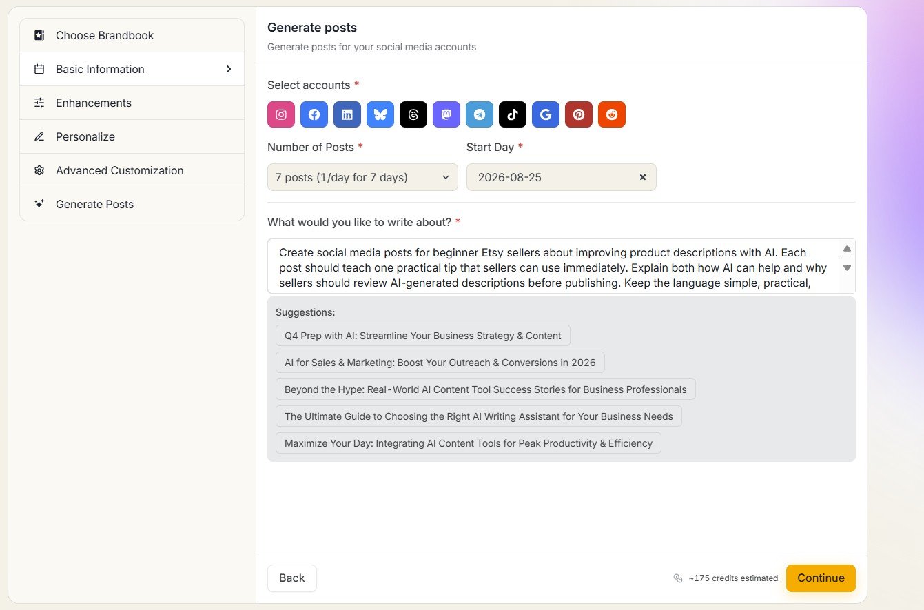 Simplified social media post generator with a prompt about AI and Etsy product descriptions