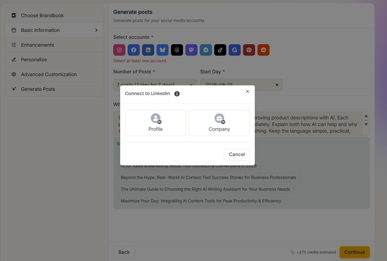 Simplified asking the user to connect a LinkedIn Profile or Company account