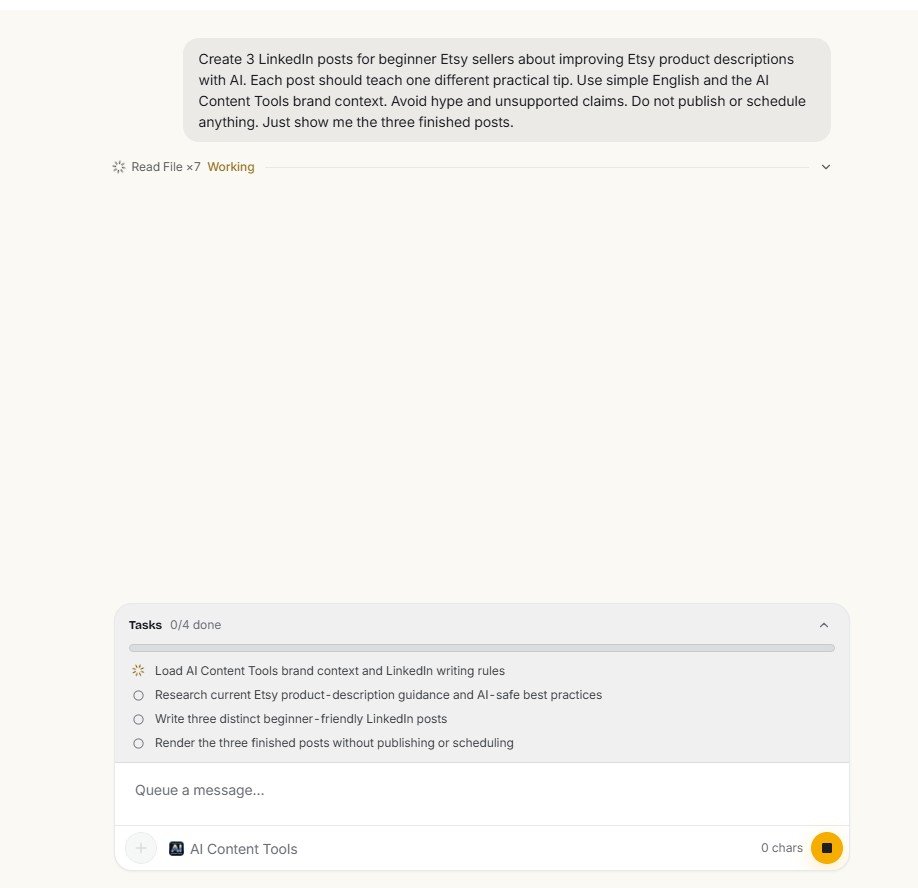 Simplified Riley task list while generating three LinkedIn posts for Etsy sellers