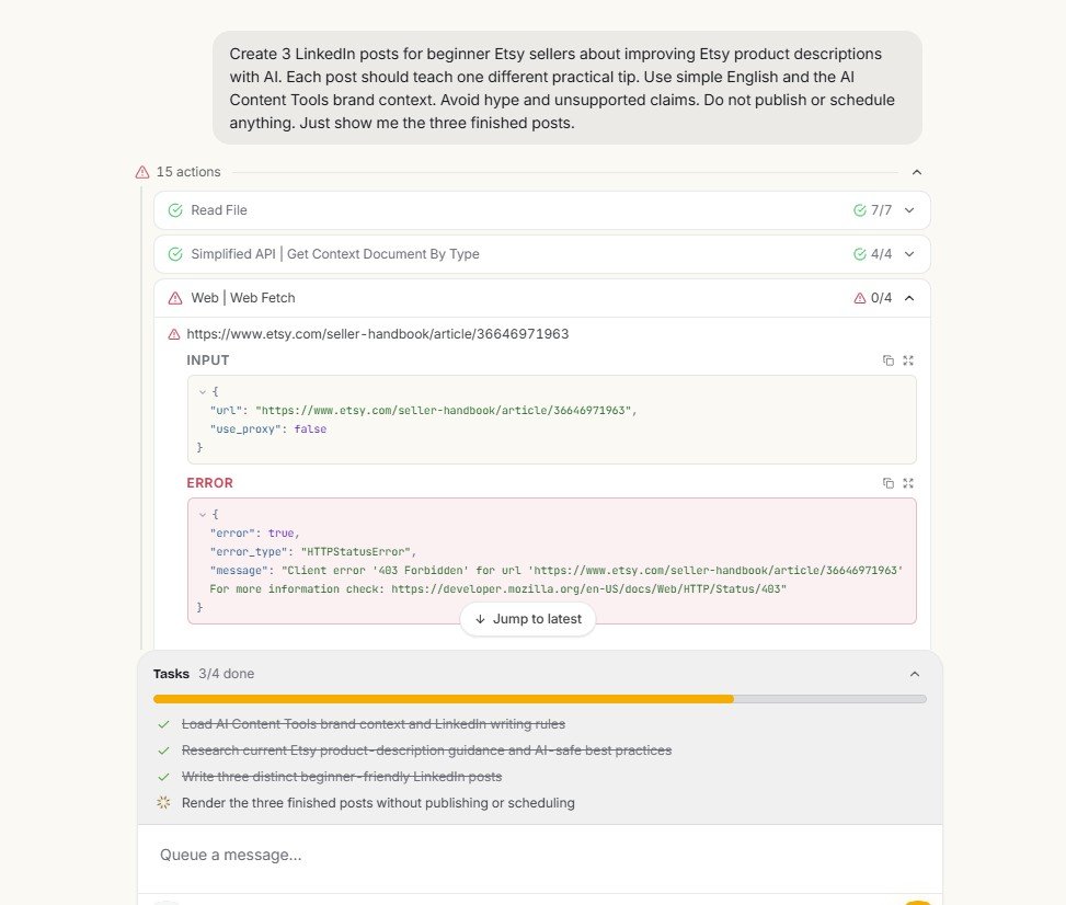 Simplified Riley showing a 403 Forbidden error while fetching an Etsy Seller Handbook page