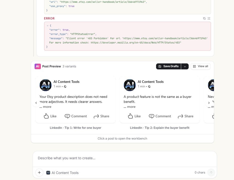 Simplified Riley LinkedIn post previews generated after an Etsy web research error