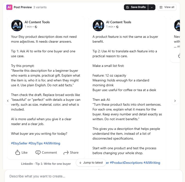 Three LinkedIn post variants generated by Simplified with different practical Etsy AI tips