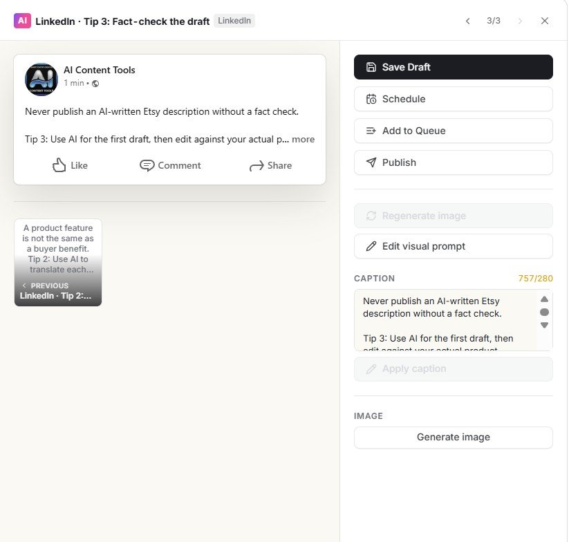 Simplified LinkedIn post workbench with Save Draft, Schedule, Queue and Publish options