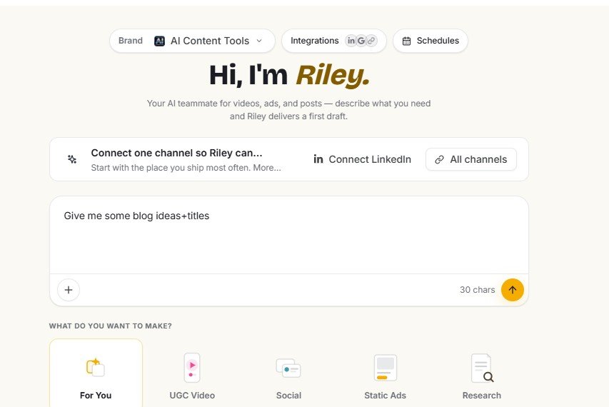 Simplified Riley AI assistant with a prompt asking for blog ideas and titles