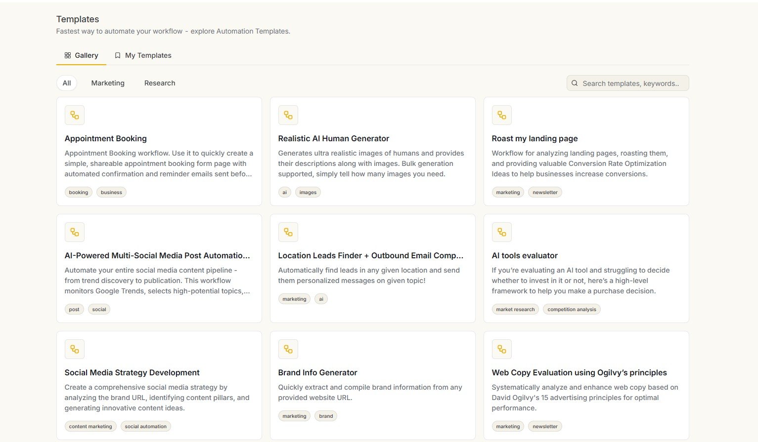 Simplified automation templates gallery with AI, marketing and research workflows