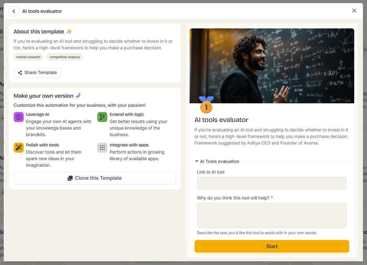 Simplified AI Tools Evaluator automation template with fields for a tool link and evaluation question