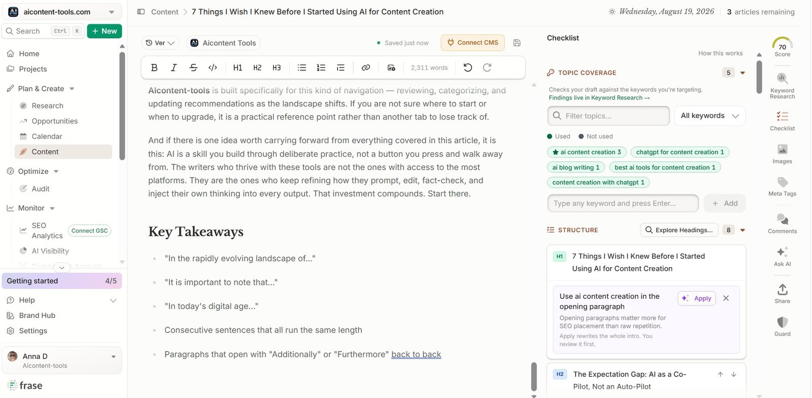 Frase AI article after Improve with 2311 words and Content Score 70