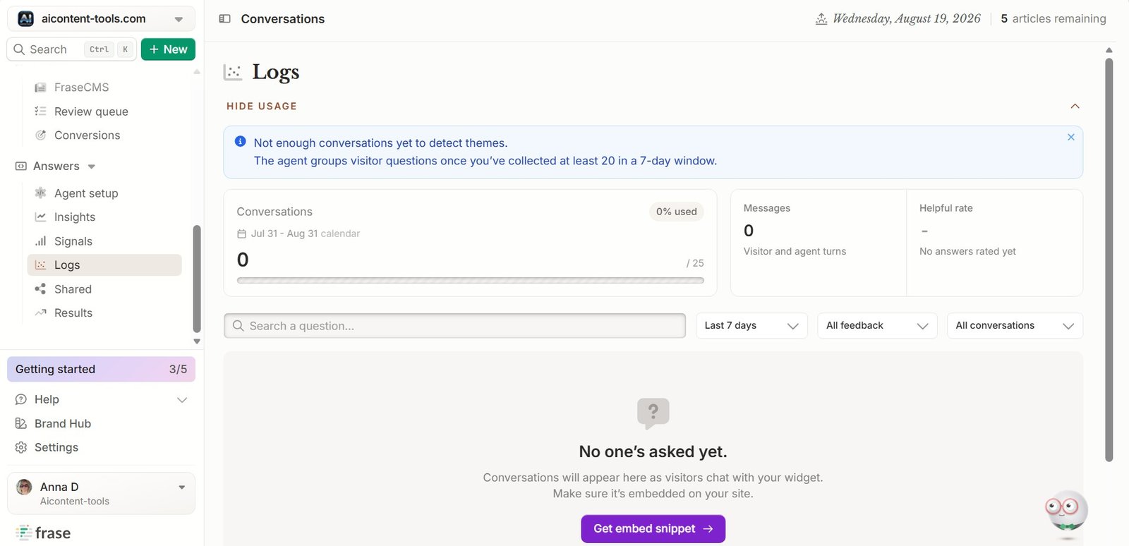 Frase Brand Hub business profile showing company overview and target audience
