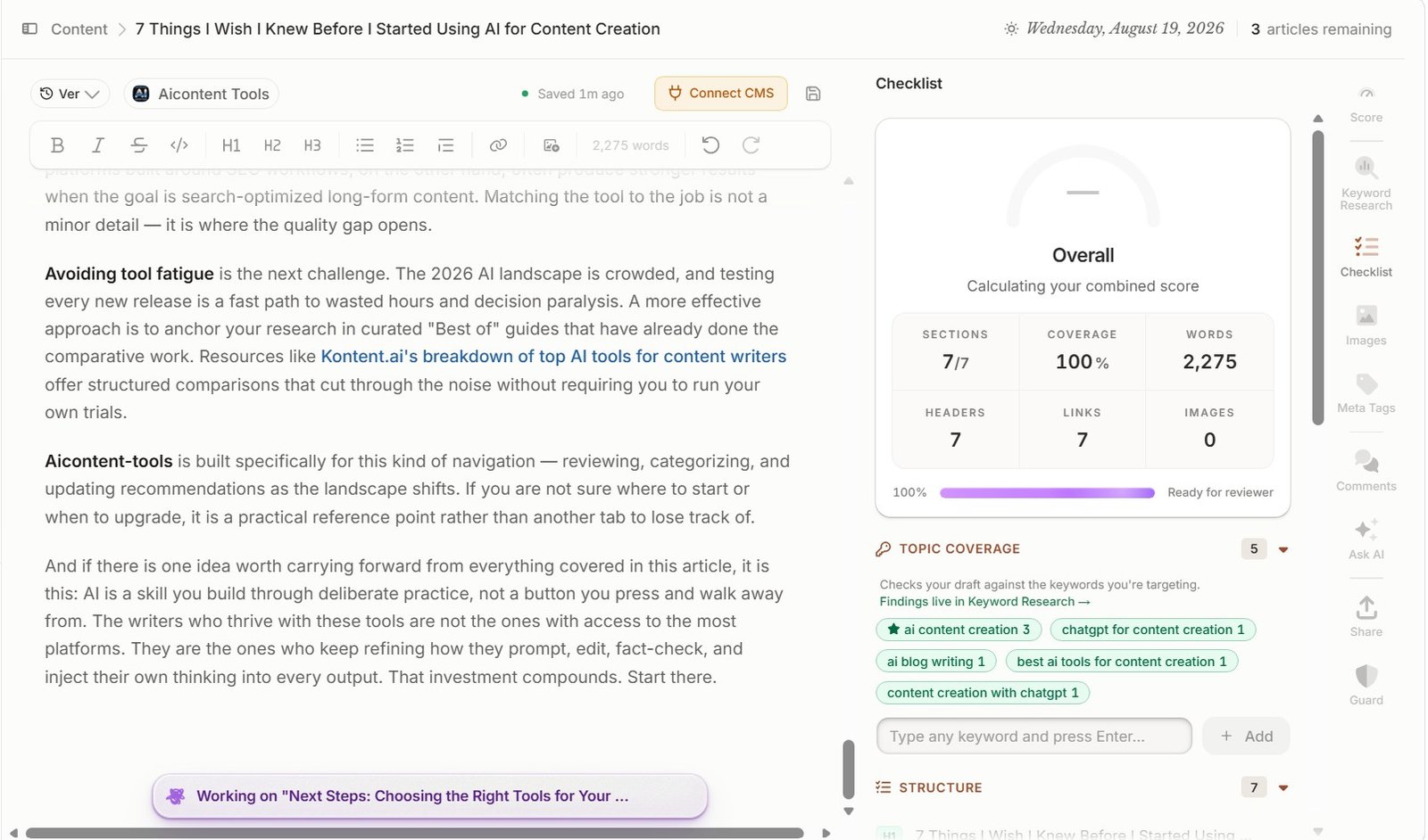 Frase AI Writer completed article with 2275 words and 100 percent topic coverage