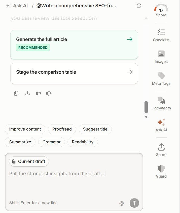 Frase offering full article generation or comparison table staging