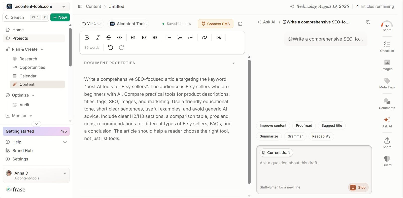Detailed Frase AI article prompt for Best AI Tools for Etsy Sellers
