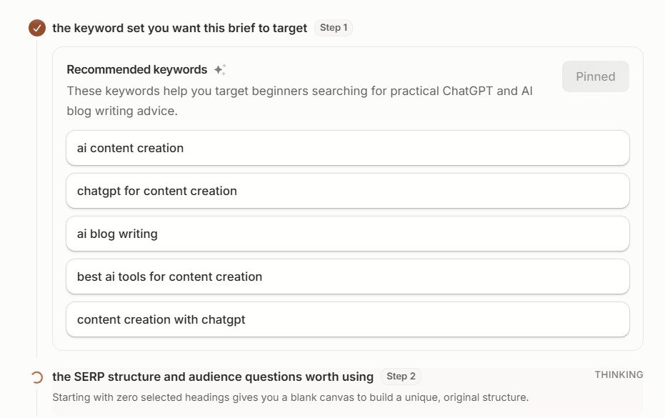 Frase AI Writer research showing recommended keywords for an article
