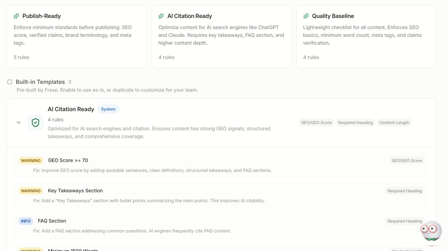 Frase AI Citation Ready rules with GEO score Key Takeaways FAQ and content depth requirements