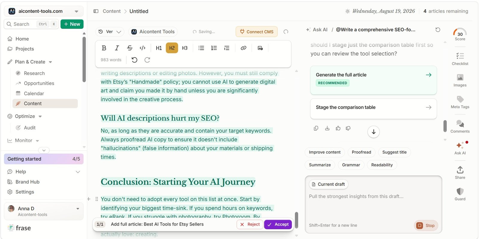 Frase generated Best AI Tools for Etsy Sellers article draft