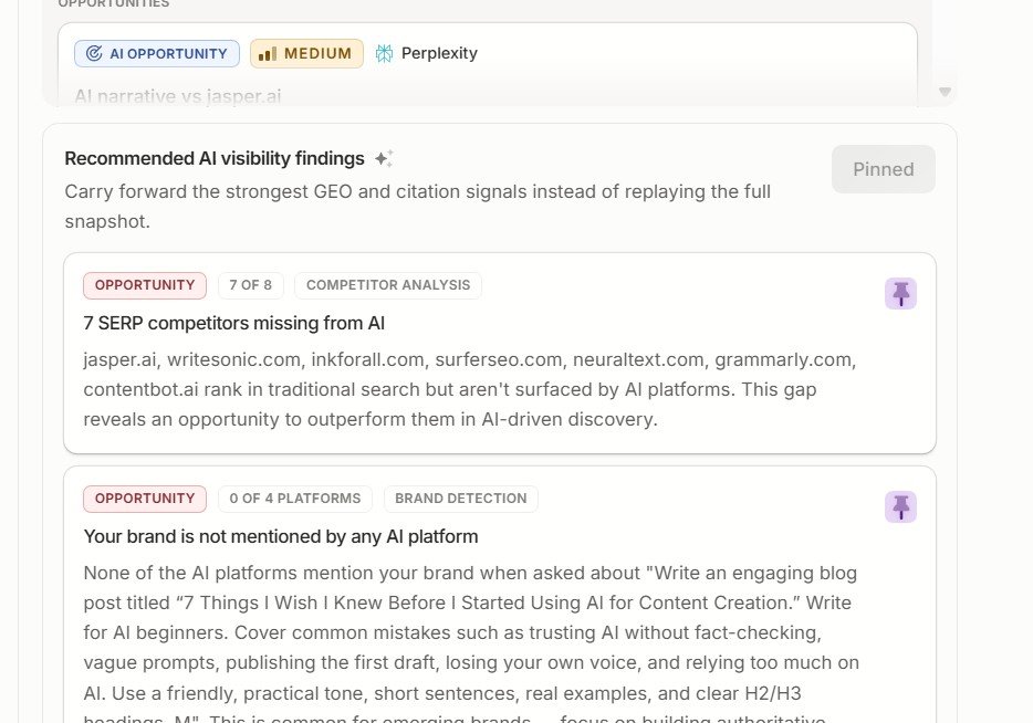 Frase AI Visibility findings showing SERP competitors missing from AI results and no brand mentions