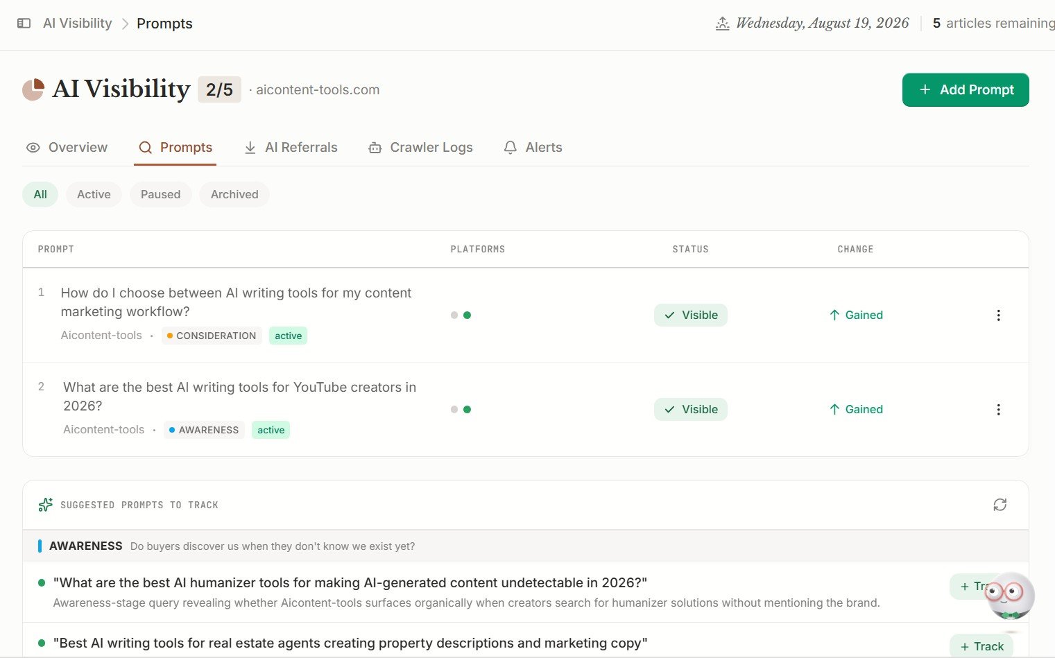 Frase AI Visibility prompt tracking dashboard monitoring brand mentions in AI answers