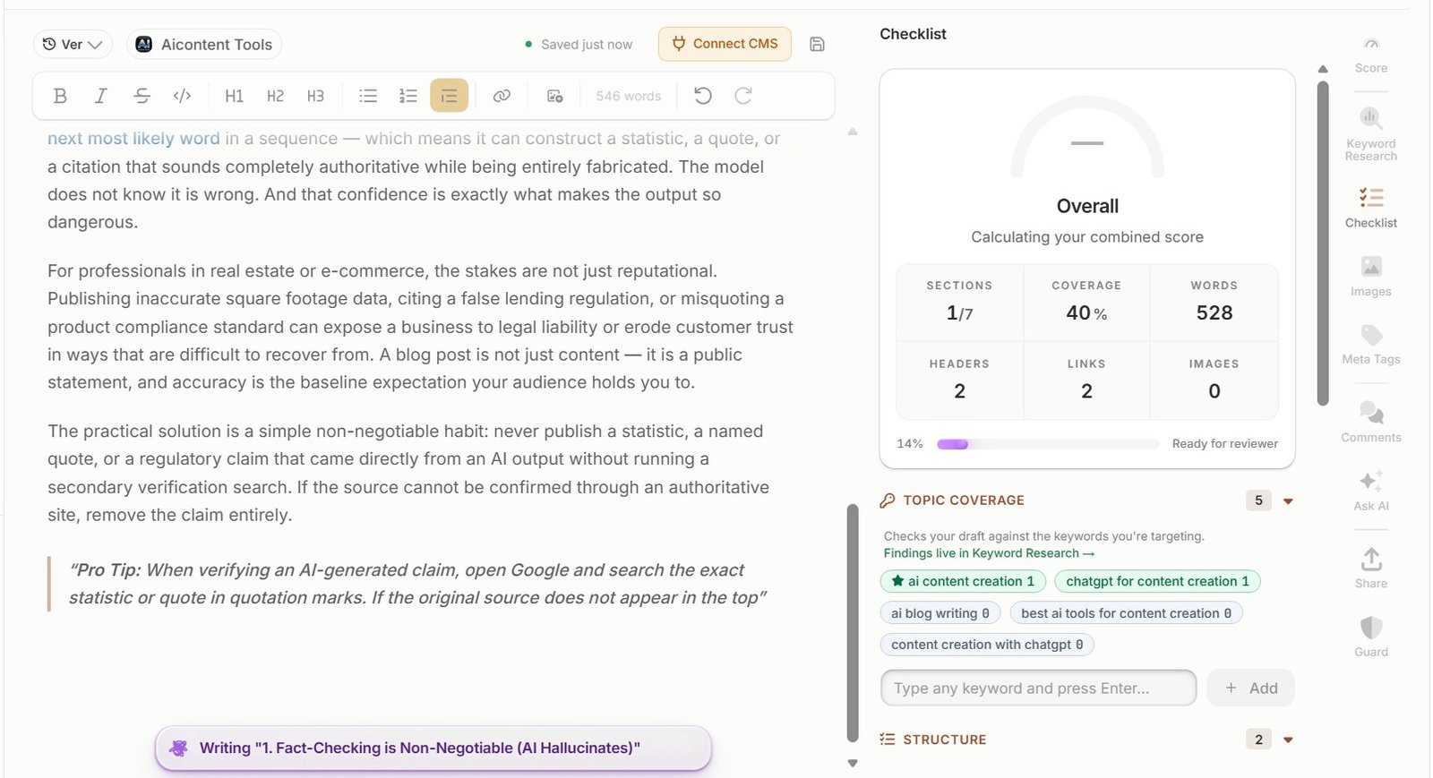 Frase AI Writer generating an article with live topic coverage updates