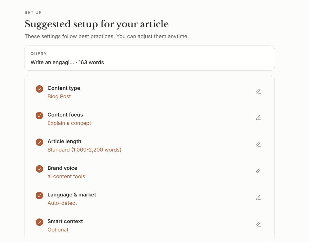 Frase suggested article setup with content type length Brand Voice and language