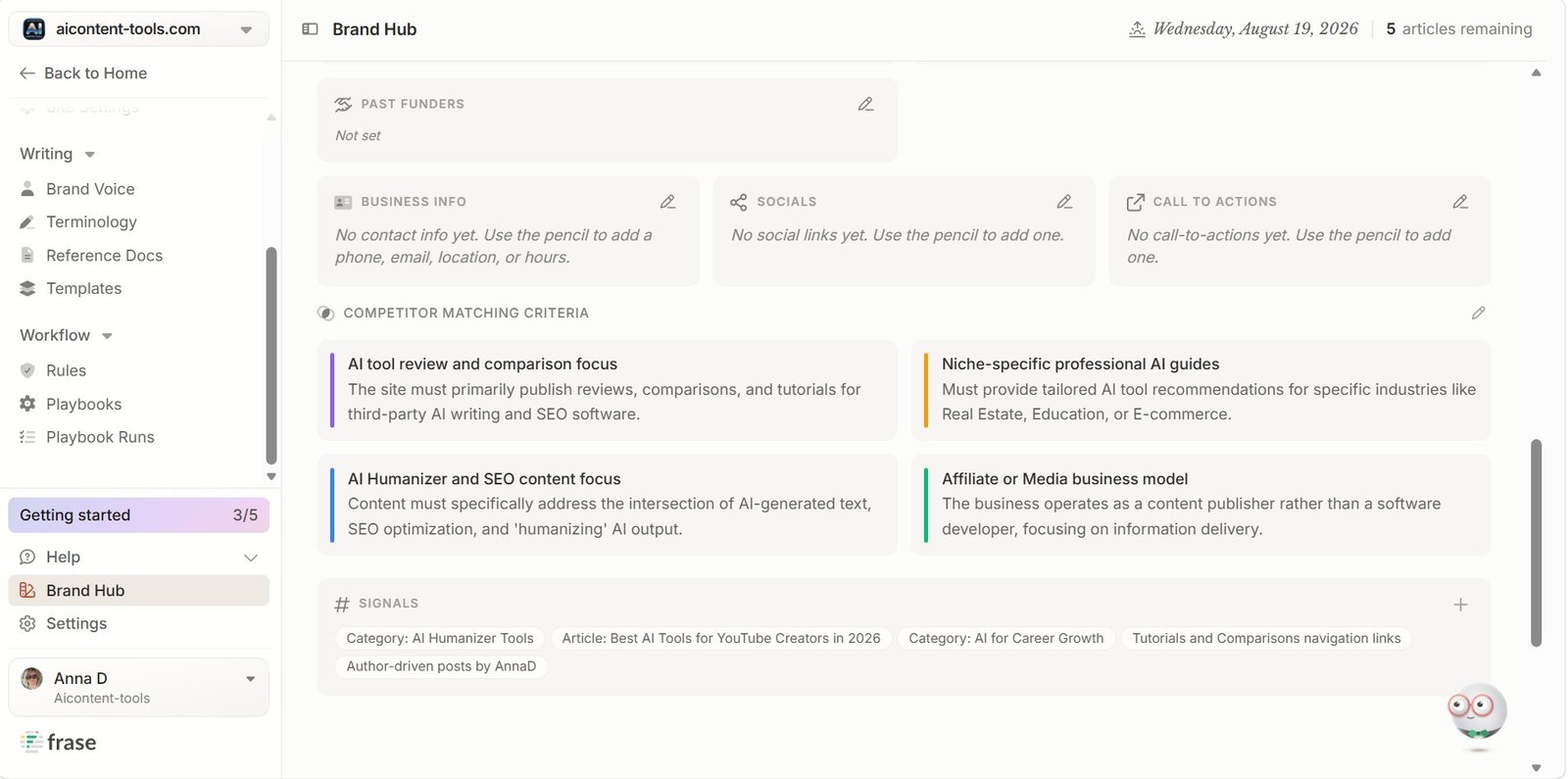 Frase Brand Hub competitor matching criteria and content signals