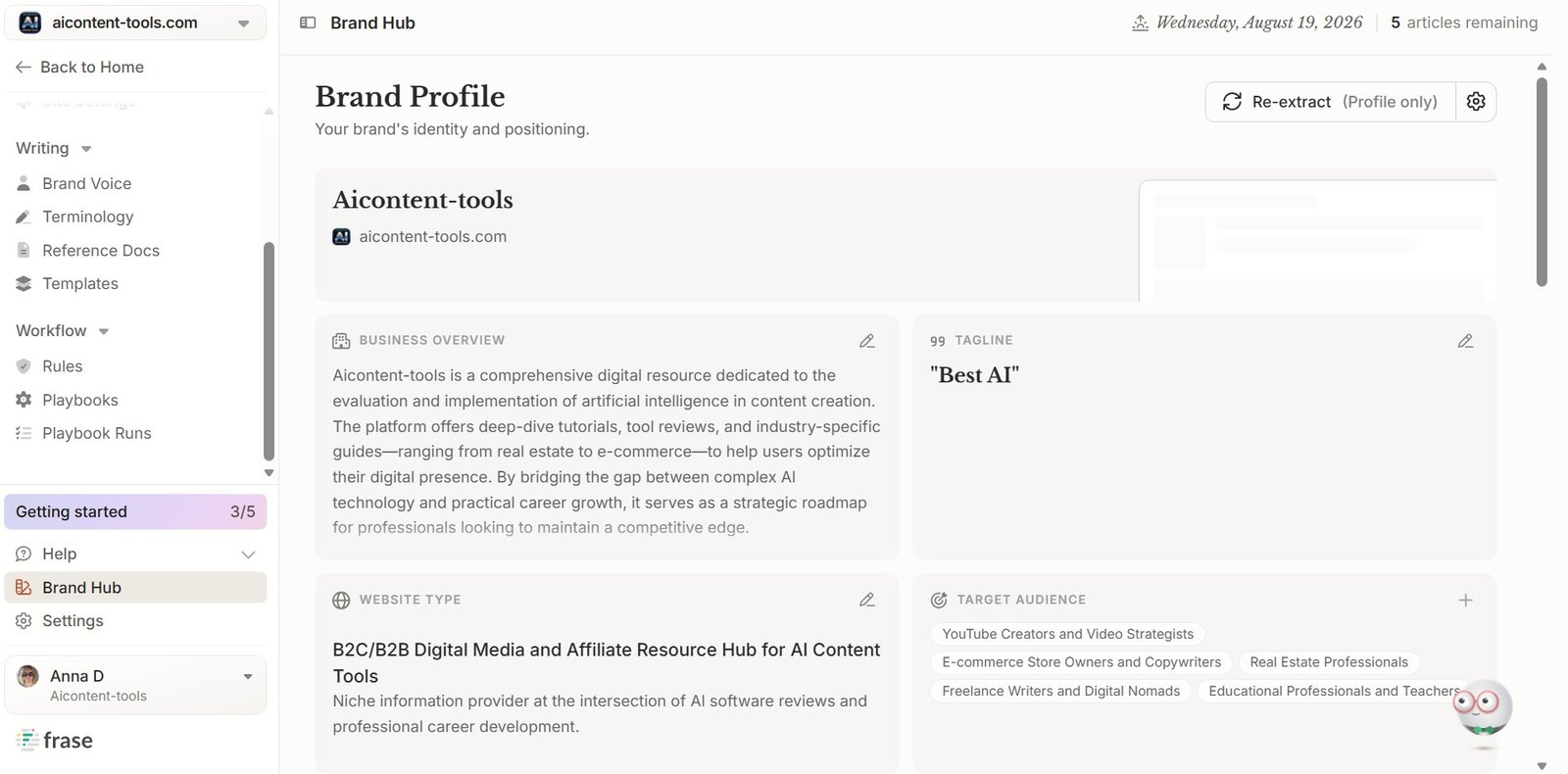 Frase Brand Hub audience signals and content targeting settings
