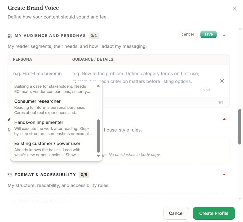 Frase Brand Voice audience persona selection menu