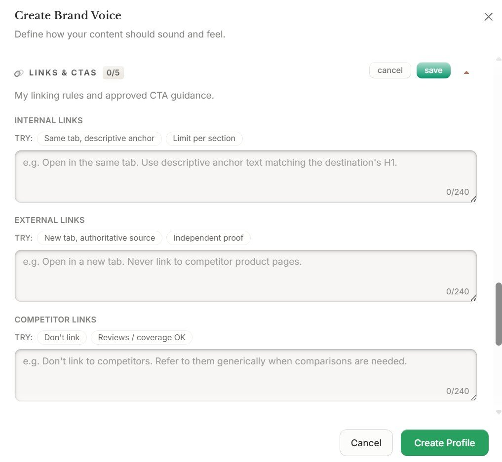 Frase Brand Voice internal linking external linking and CTA guidelines