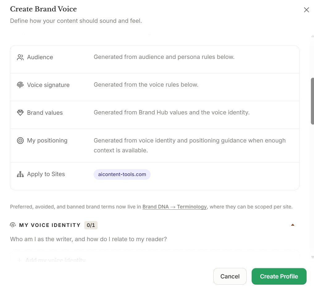 Frase Brand Voice audience positioning and site assignment settings
