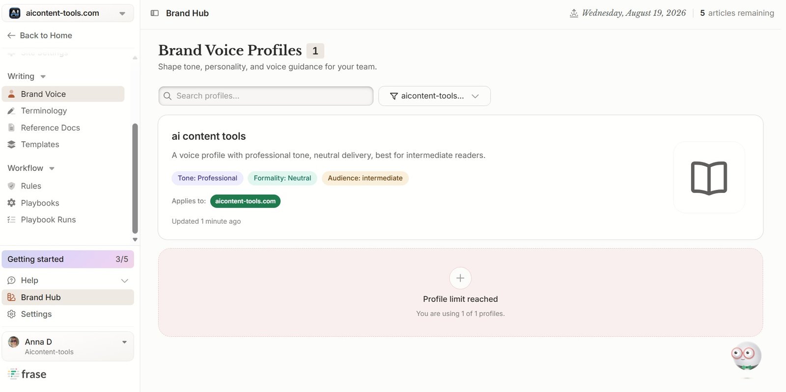 Frase Brand Voice profile overview with business audience and positioning