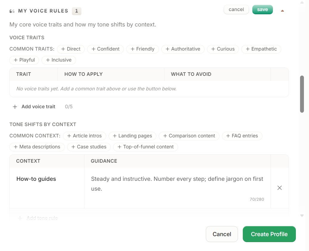 Frase Brand Voice rules and contextual tone shift settings