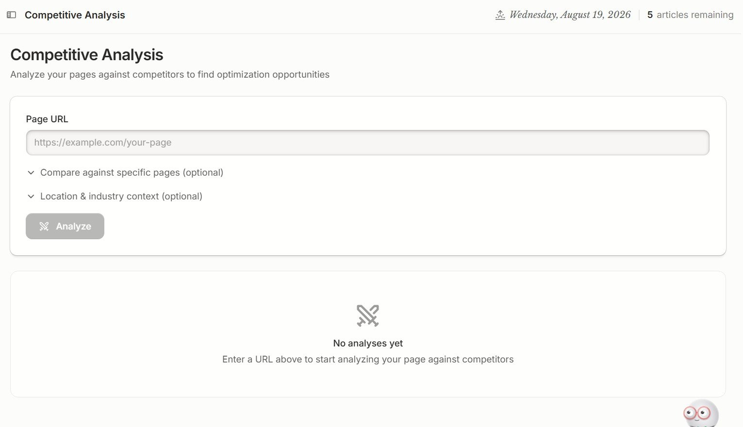 Frase Competitive Analysis tool for comparing a page with SEO competitors