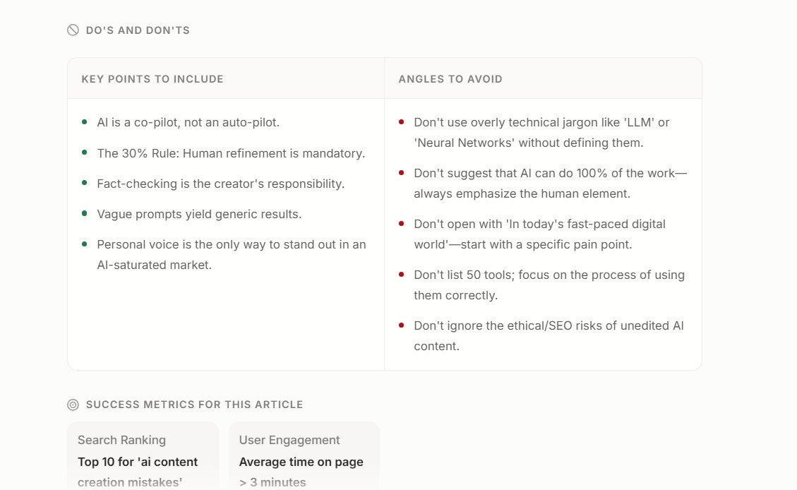Frase content brief with key points angles to avoid and success metrics