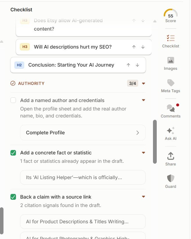Frase Authority checklist with author credentials facts statistics and source links