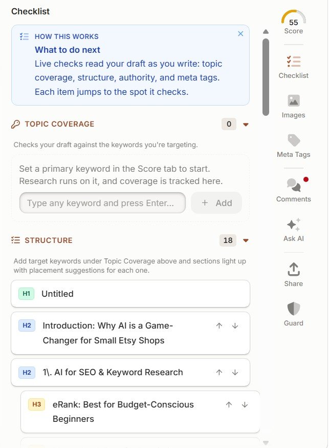 Frase content checklist showing Topic Coverage and article structure