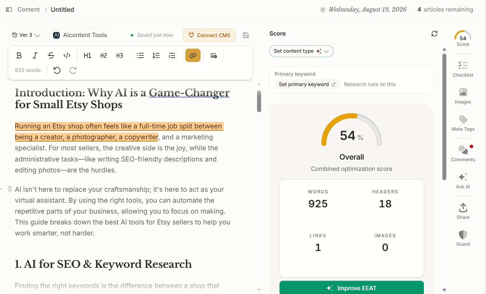 Frase content optimization score with words headers links and images