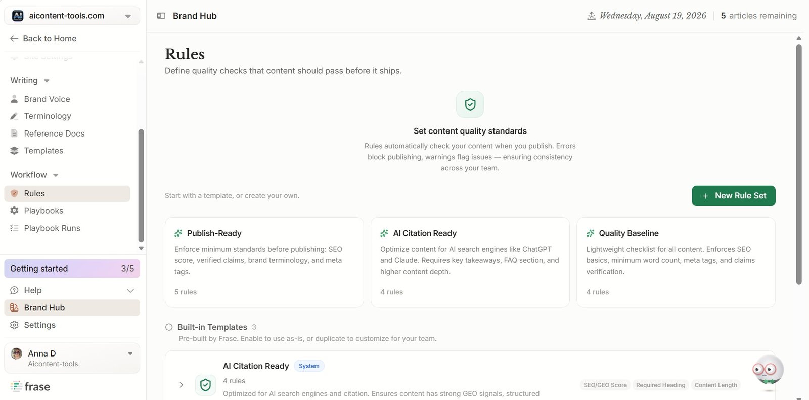 Frase content quality rules including AI Citation Ready templates