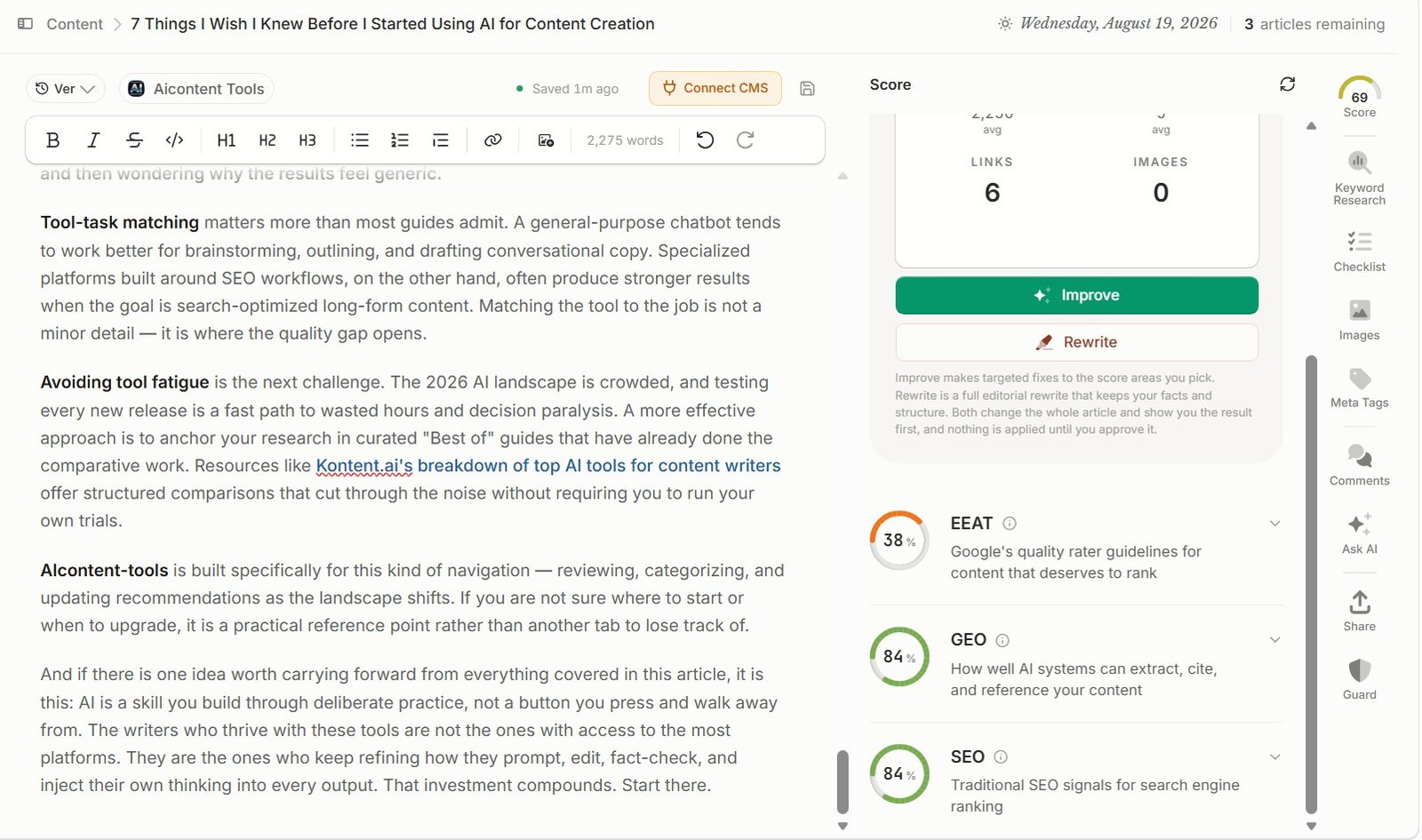 Frase AI article scores showing EEAT 38 percent GEO 84 percent and SEO 84 percent