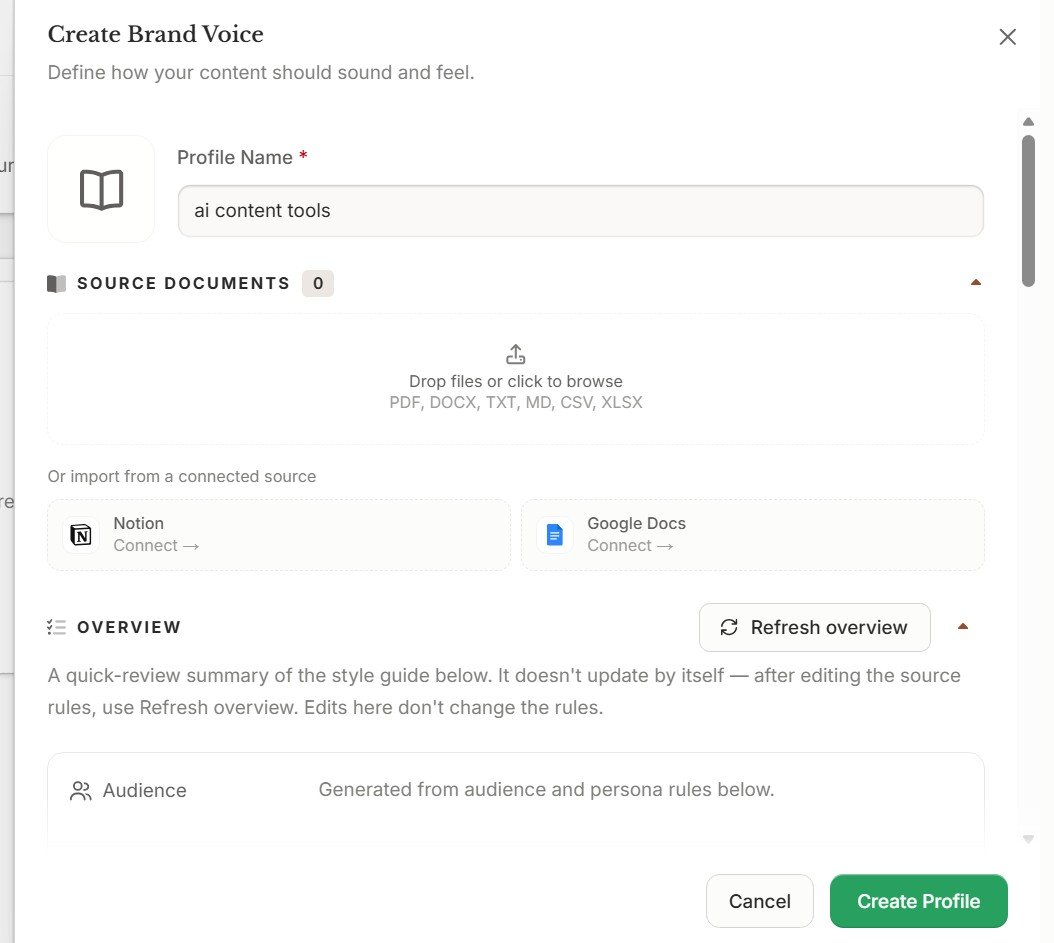 Frase Brand Voice profile creation with source document upload options
