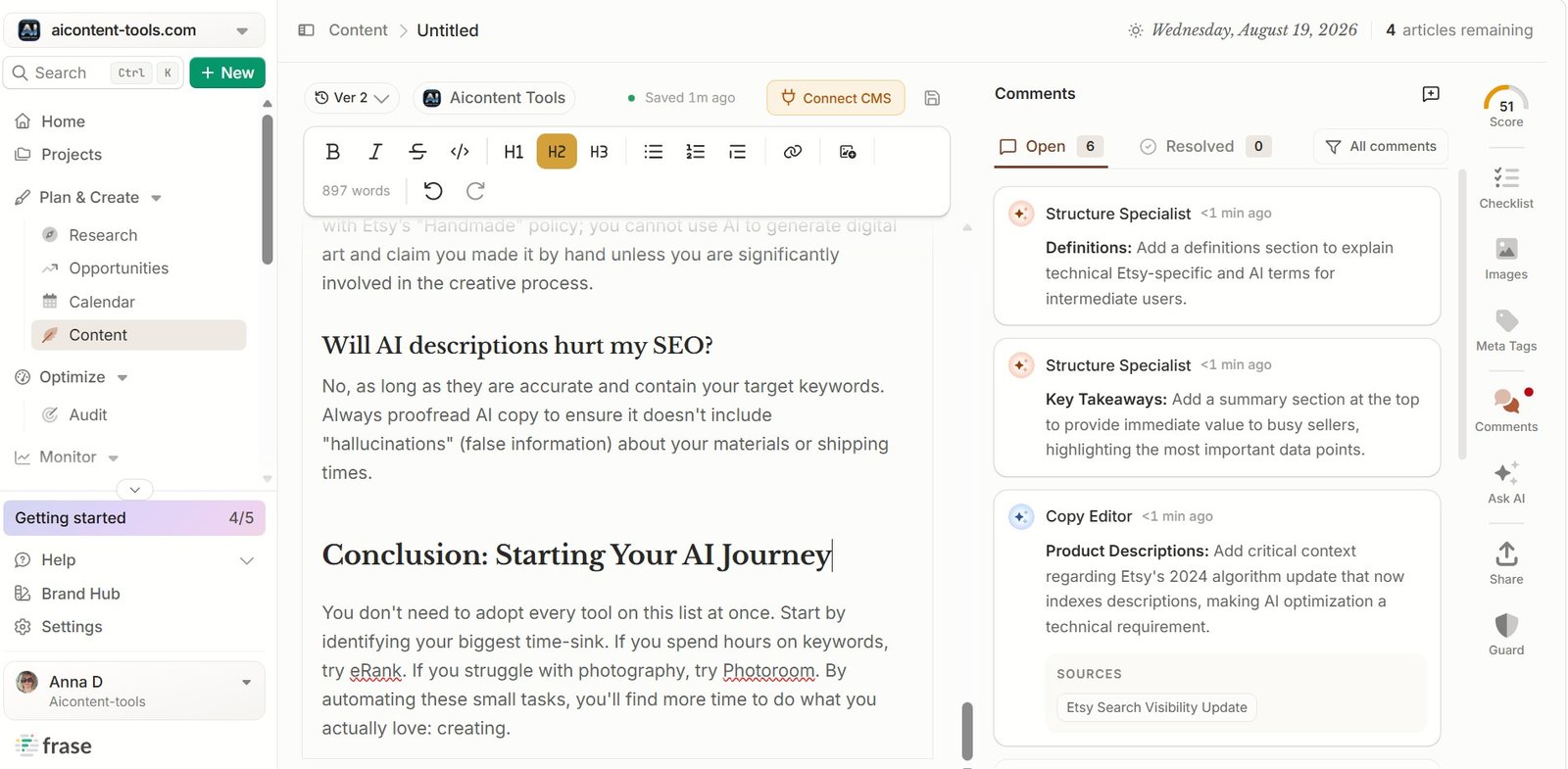 Frase Improve Content showing structure SEO and copy editing suggestions