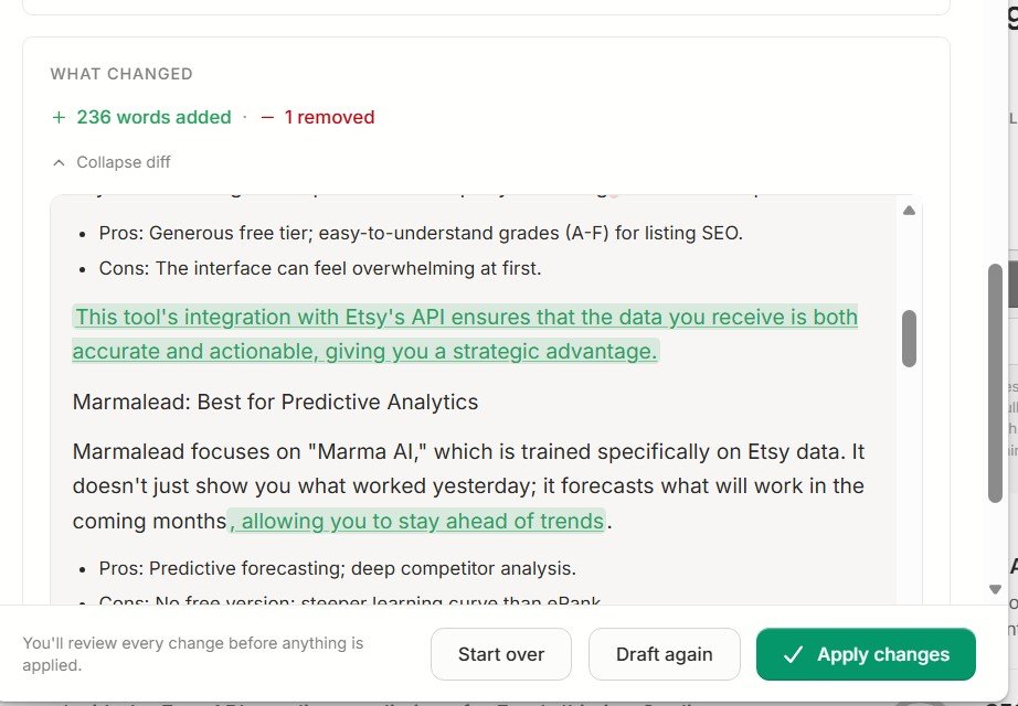 Frase Improve Draft showing AI rewrite changes before applying them
