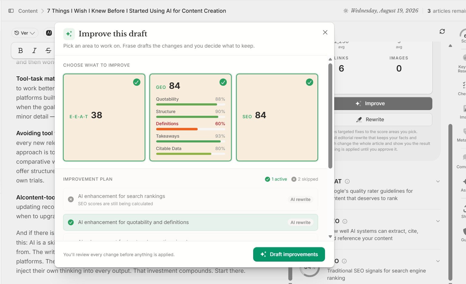Frase Improve Draft showing EEAT GEO SEO scores and AI improvement plan