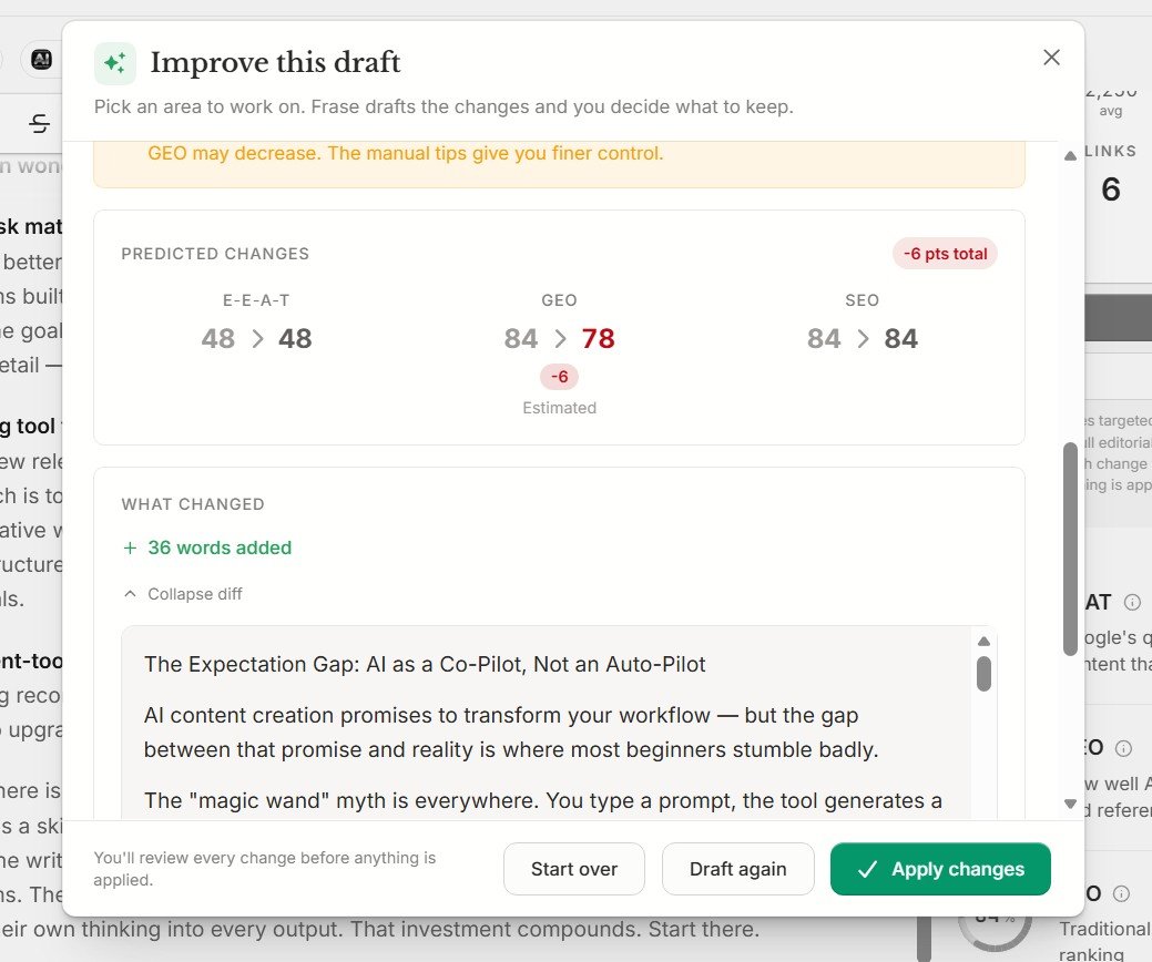 Frase predicted Improve changes showing GEO dropping from 84 to 78
