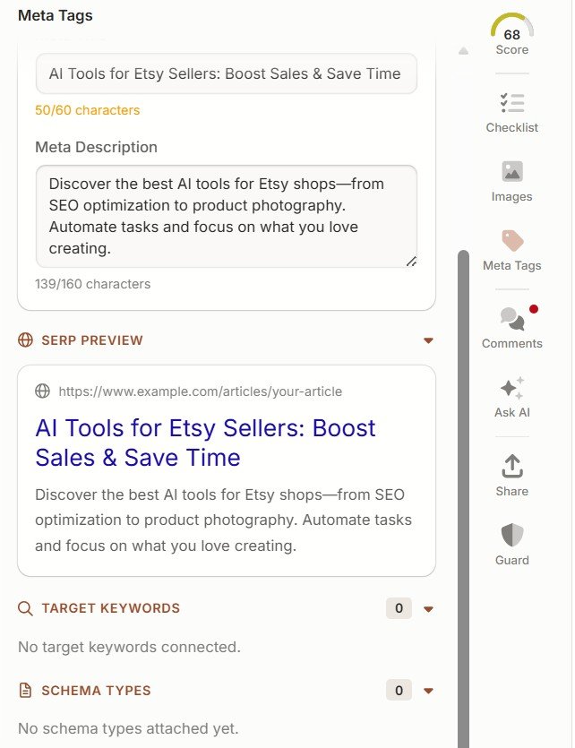 Frase SERP preview with target keywords and schema types