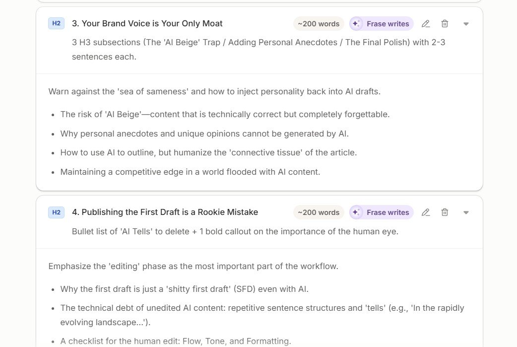 Frase outline about Brand Voice and editing AI first drafts