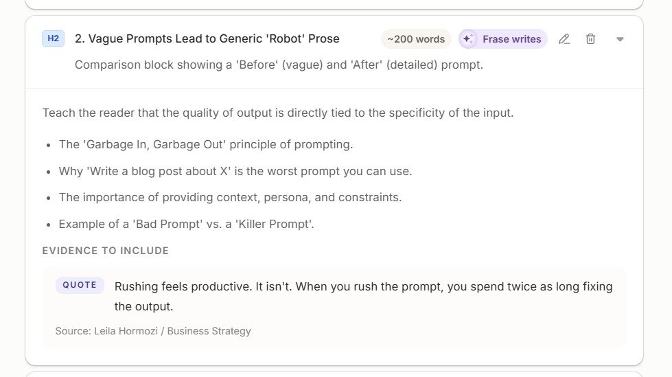 Frase article outline about vague prompts with examples and evidence