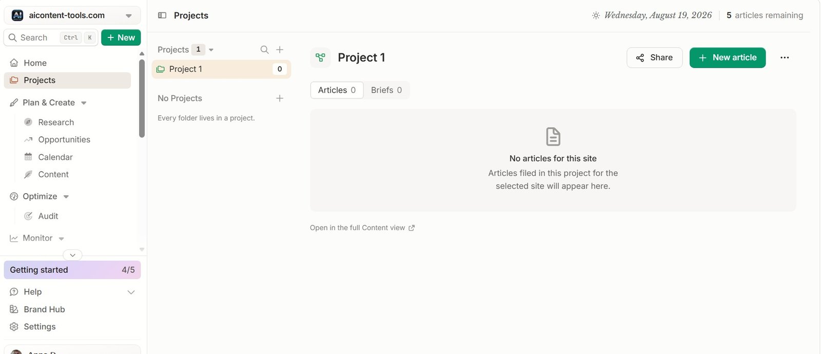 Frase project dashboard before creating a new test article
