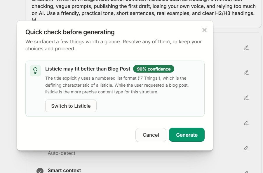 Frase recommending a listicle with 90 percent confidence